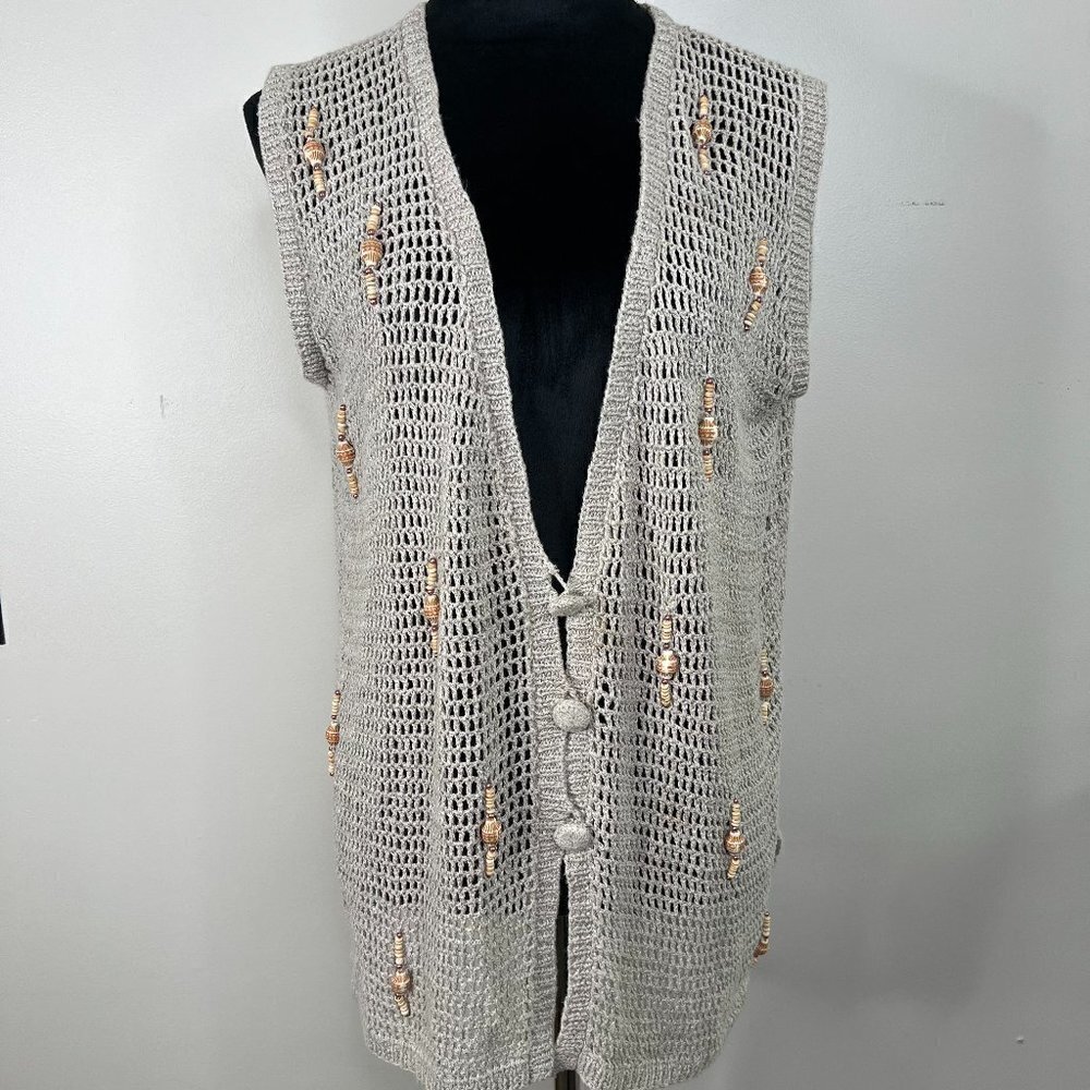 Vintage Loose Knit Button Front Crochet Beaded Beachy Coastal Vest‎ Linen Blend